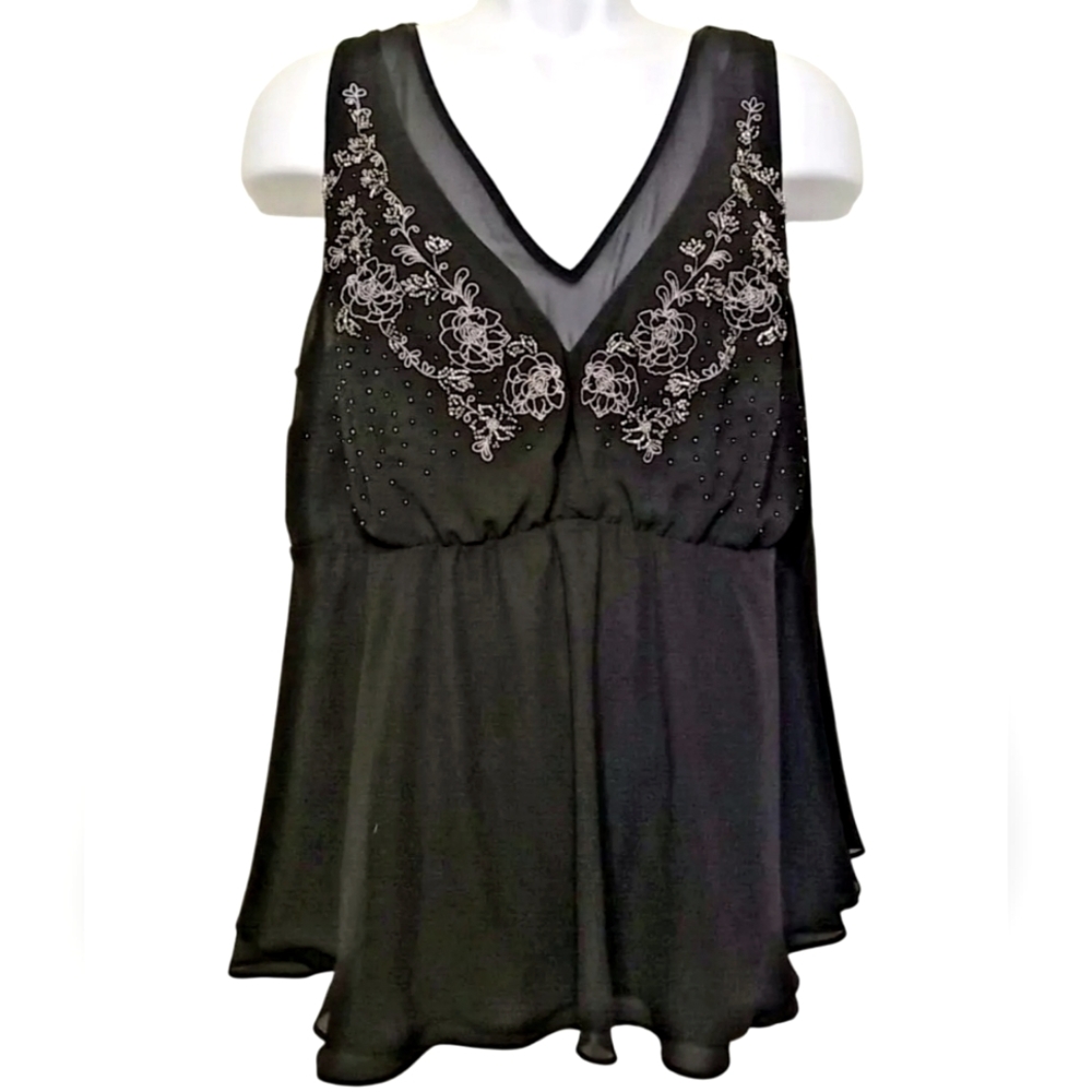 Torrid Plus Size Sheer Beaded‎ Baby Doll V-Neck Tank - Black -  1X